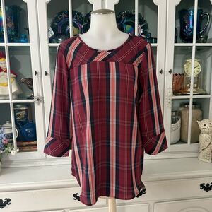 Van Heusen Plaid Blouse 3/4 Sleeve Relaxed Fit Sz XS